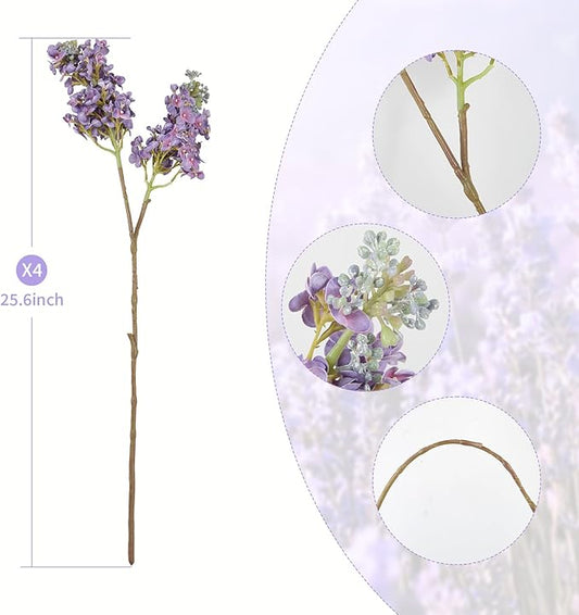 4PCS 25.6inch Lilac Artificial Flowers Purple Fake Delphinium Long Stem Silk Real Touch Flower Faux Lilac Floral Arrangement for Tall Vase Table Centerpieces Wedding Garden Home Decoration（Purple）