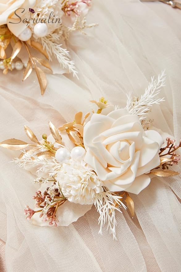 Serwalin Champagne Corsage and Boutonniere Set 𝟮𝙥𝙘𝙨, 𝟲-𝟳 𝙄𝙣𝙘𝙝 Boutonniere and Wrist Corsage Wristband Prom Flower Wedding Flowers Accessories Prom Suit Decorations Cake Topper