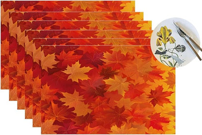 PVC Placemats Set of 6 Wipeable Table Mats Washable Heat Resistant Non Slip Vinyl Dining Table Mat for Kitchen Indoor Outdoor Patio Farmhouse Place Mats Orange Thanksgiving Maple Decorative