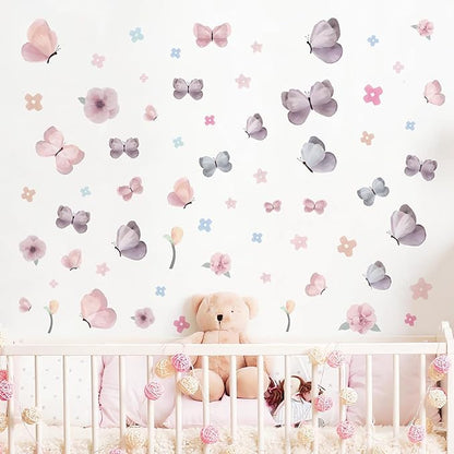 Watercolor Butterfly and Flower Wall Decals Peel and Stick - 70 PCS Flower Butterfly Wall Decor for Girls Room, Nursery, Kids Bedroom, Home Art Decals