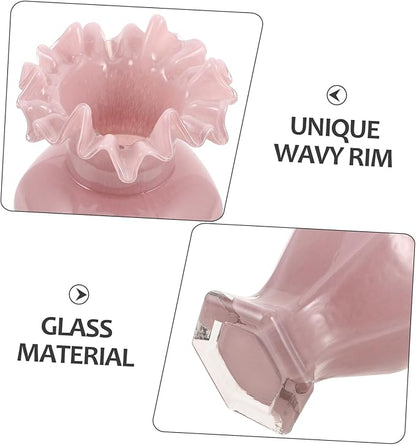 Pearlescent Pink Handblown Glass Vase with Artistic Curved Rim Unique Decorative Flower Display for Home Decor Living Centerpiece Wedding Table Accent