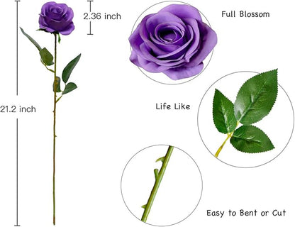 DuHouse 10pcs Fake Roses Artificial Silk Flowers Faux Rose Flower Long Stems Bouquet for Arrangement Wedding Centerpiece Party Home Kitchen Decor(Purple)