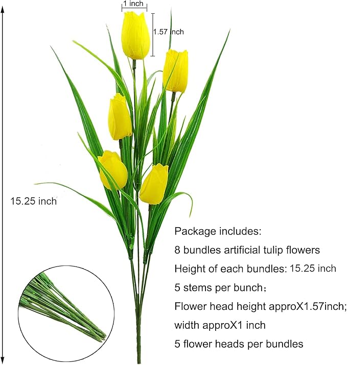 8 Bundles Outdoor Artificial Tulips Fake Flowers UV Resistant Faux Plastic Greenery Shrubs Plants for Home Outside Garden Porch Window Farmhouse Decor (Yellow)