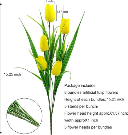 8 Bundles Outdoor Artificial Tulips Fake Flowers UV Resistant Faux Plastic Greenery Shrubs Plants for Home Outside Garden Porch Window Farmhouse Decor (Yellow)