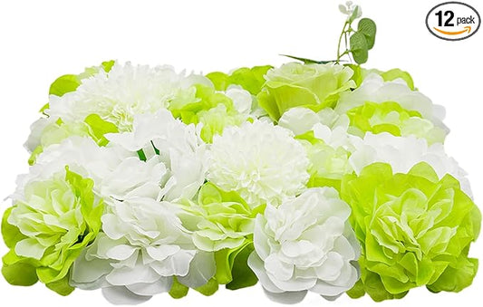 15"x 15" Artificial Flower Wall Panels,Flower Wall Mat Silk Flower Panels for Outdoor Garden Backyard Fence Fence Privacy Screen and Indoor Wall Decor(12Pcs Green+White)