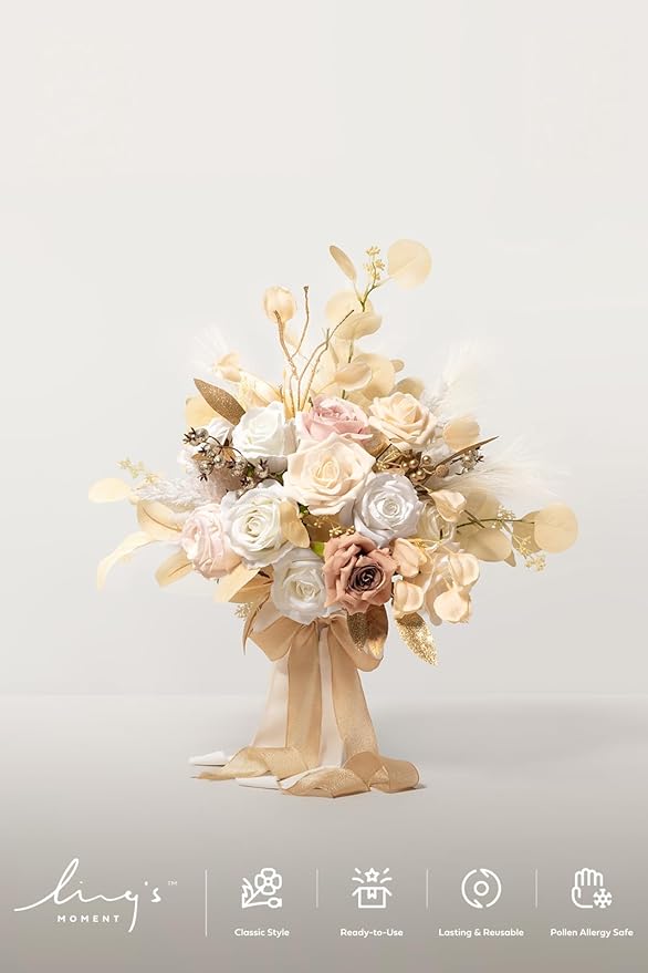 Ling's moment Boho Wedding Bouquets for Bride, White Beige and Gold Bridal Bouquets for Bride, 15 Inch Free Form Artificial Wedding Flower Bouquet