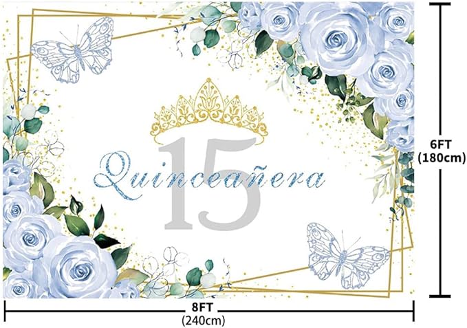 SENDY 8x6ft Quinceañera Backdrop Mis Quince 15 Anos Birthday Party Decoration Supplies for Girl Princess Blue Floral Butterfly Golden Crown Photography Background Banner Photo Booth Studio Props