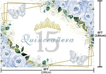SENDY 8x6ft Quinceañera Backdrop Mis Quince 15 Anos Birthday Party Decoration Supplies for Girl Princess Blue Floral Butterfly Golden Crown Photography Background Banner Photo Booth Studio Props