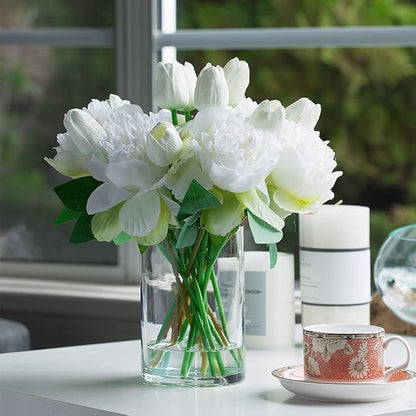 ENOVA FLORAL Artificial Flower Arrangement with Vase, Faux Flower in Vase, Mixed Artificial Real Touch Tulip and Fake Silk Peony Flower in Vase for Decoration Home Office(Cream)