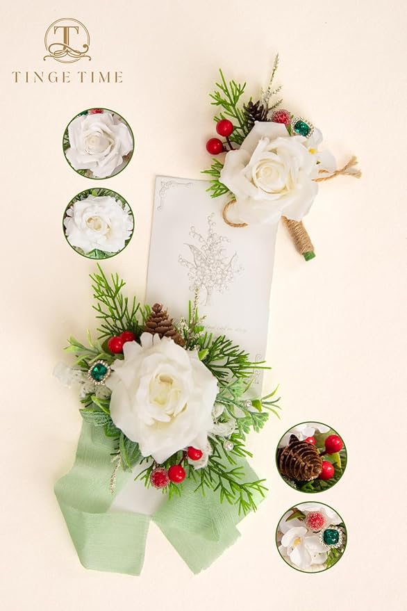 TINGE TIME White Corsage and Boutonniere Set, Prom Flower Wrist Corsage Bracelets, Boutonniere for Men Wedding Flowers Accessories Prom Suit Decorations