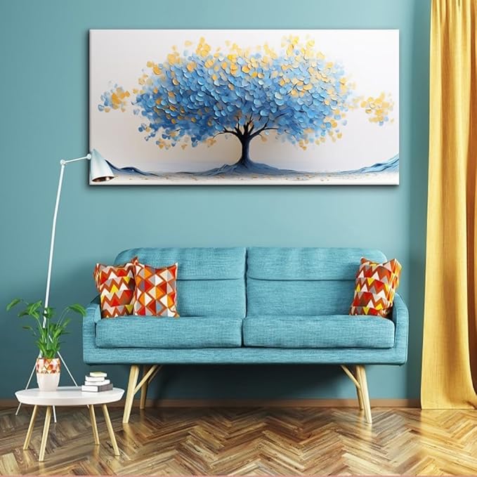 LAVIKARS Modern Tree of Life Wall Art for Living Room Office Navy Blue and Yellow Floral Abstract Landscape Canvas Painting Prints Large Nature Artwork Home Kitchen Bedroom Decor (20x40 Inches)