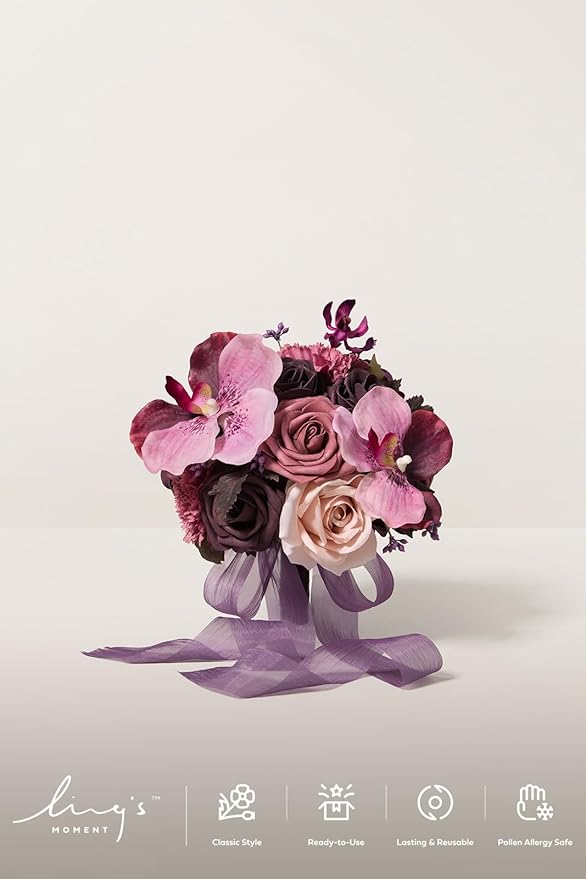 Ling's moment Purple Bridesmaid Bouquet Set of 4, Deep Plum Wedding Bouquets for Bridesmaids, 7 Inch Bridal Bouquets for Bridesmaids, Wedding, Ceremony, Anniversary, etc.