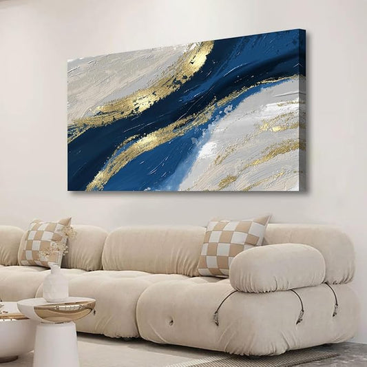 Abstract Canvas Wall Art for Living room Office Bedroom Golden Blue Wall Art Print Oil Paintings Modern Abstract River Texture Pictures Wall Decor Artwork Waterproof Ready to Hang - 70in * 35inch