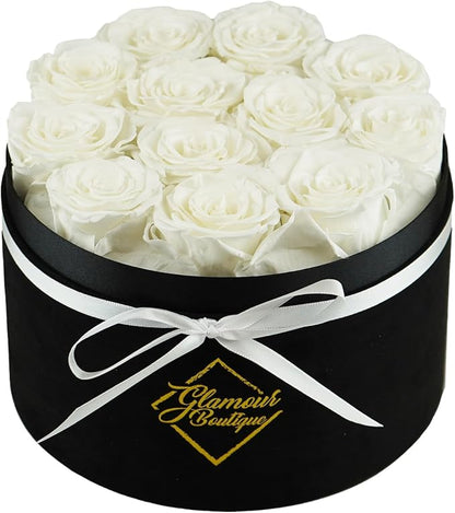 GLAMOUR BOUTIQUE Flowers Forever Gift Box 12 Real Preserved Roses in a Velvet Black Box, Birthday Gift for Her Mom and Wife, Mothers Day, Anniversary, Graduation - White