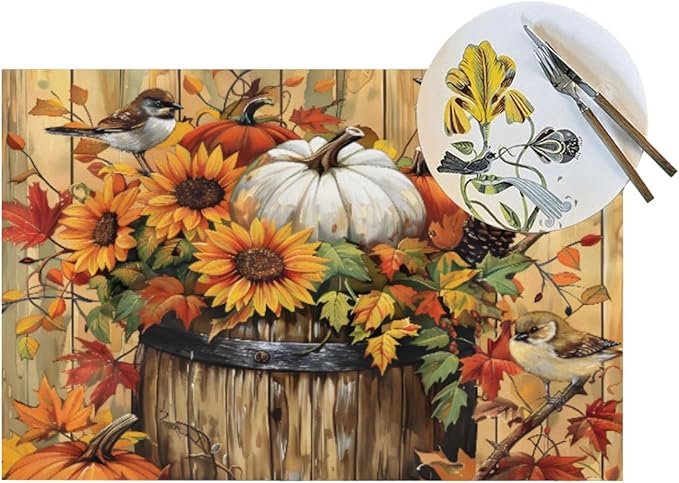 PVC Placemats Set of 4 Wipeable Table Mats Washable Heat Resistant Non Slip Vinyl Dining Table Mat for Kitchen Indoor Outdoor Patio Farmhouse Place Mats Retro Wooden Fall Bird Decorative