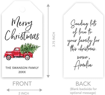 Andaz Press Personalized Christmas Holiday Season Classic Gift Tags, Merry Christmas Custom Family Name and Year, Vintage Truck with Christmas Tree Design, Holiday Events, Parties, Favors, 60-Pack
