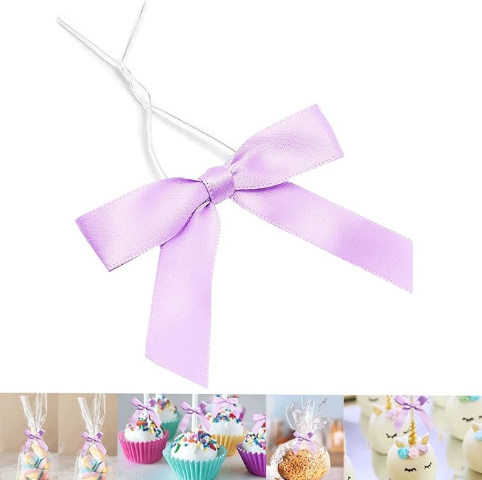 50 Pieces 3 inch Satin Ribbon Twist Tie Bows, Pretied Bows with Twist Ties, Twist Bows Treats Bags, Bow Ties for Treats, Cake Pops, Baby Shower, Crafts, Gift Wrapping Favors (Light Purple)