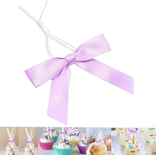 50 Pieces 3 inch Satin Ribbon Twist Tie Bows, Pretied Bows with Twist Ties, Twist Bows Treats Bags, Bow Ties for Treats, Cake Pops, Baby Shower, Crafts, Gift Wrapping Favors (Light Purple)