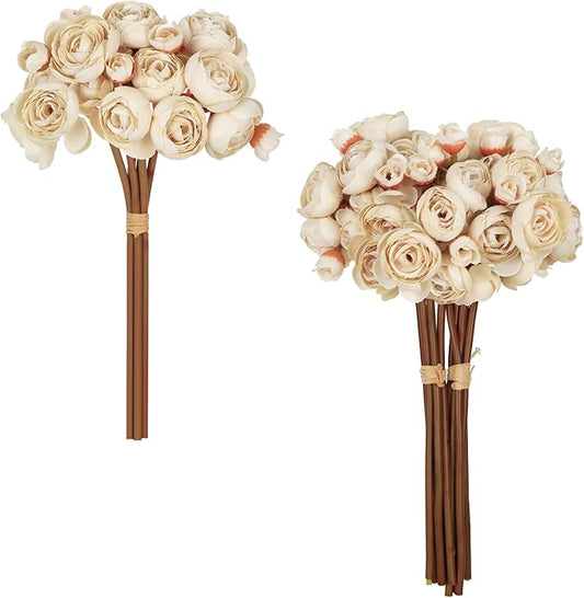 IPOPU Ranunculus Artificial Flowers 2Bouquets Silk Flowers with Stems 12PCS Mini Fake Flowers for DIY Wedding Bouquet Bridal Shower Decorations Floral Filler Flowers Centerpieces (Beige)