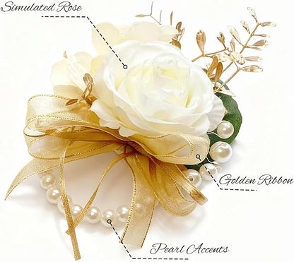Rose Champagne Wrist Corsages 8 Pcs - Bride Bridesmaid Wrist Corsage Bracelets for Wedding, Prom and Anniversary,Formal Dinner Party & Flower Girl Accessories(C)