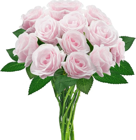 Pink Artificial Roses with Long Stems, 12Pcs Realistic Roses Artificial Flowers, Faux Roses | Bulk Fake Flowers for Home Decor, Wedding Party Table Centerpieces, DIY Bouquet
