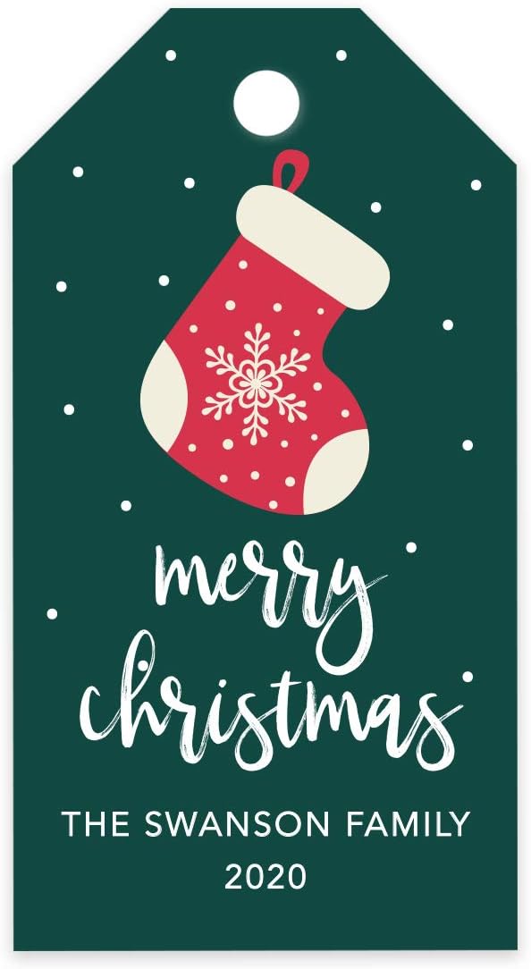 Andaz Press Personalized Christmas Holiday Season Classic Gift Tags, Merry Christmas Snowflake Stocking Design, Custom Family Name and Year, for Holiday Events, Parties, and Favors, 60-Pack