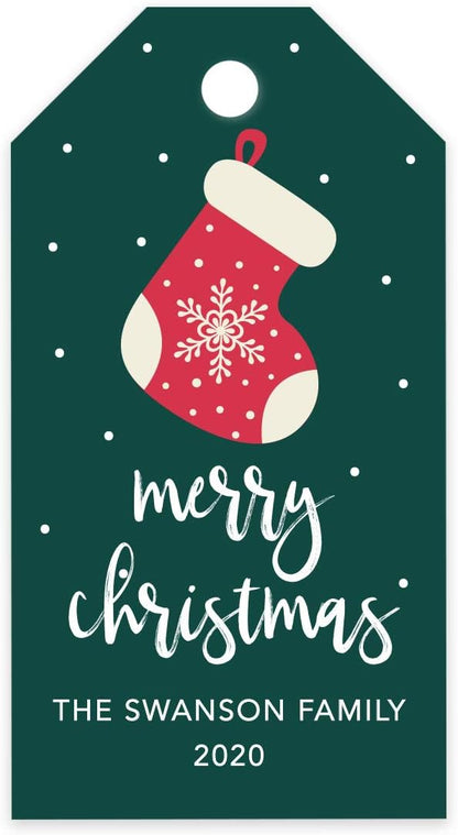 Andaz Press Personalized Christmas Holiday Season Classic Gift Tags, Merry Christmas Snowflake Stocking Design, Custom Family Name and Year, for Holiday Events, Parties, and Favors, 60-Pack