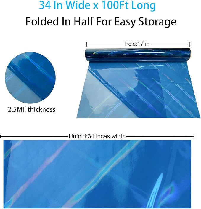CMFYHM Iridescent Light blue Cellophane Wrap Roll I 34 In X 100 Ft I Extra Wide Colorful Cello Perfect For Baskets,Gifts,Birthday Holiday Wedding Floral, Party Arts Crafts Decoration