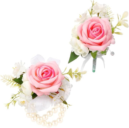 Wrist Corsage and Boutonniere Set, Artificial Rose Corsage Wristlet and Boutonniere for Wedding Prom Party (Pink, 2pcs)