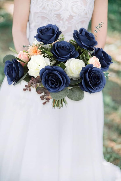 30pcs Roses Artificial Flowers Navy Blue Fake Roses Flowers with Long Stems Silk Flowers for Wedding Bouquet Centerpices Decorations Party Bridal Baby Shower Home Decor