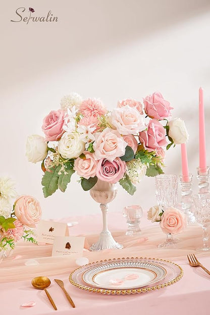 Serwalin Artificial Flowers Fake Silk Flowers for DIY Wedding Bouquets Cake Decoration Mixed Roses Combo Blush Pink and White Flower Centerpieces Arrangements for Party Table Chair Decor