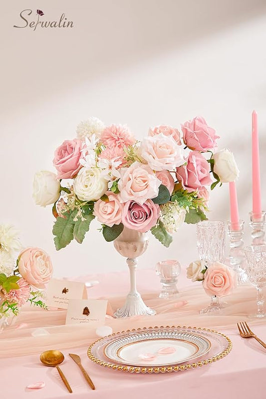 Serwalin 2 Pcs Artificial Flowers Fake Flowers for DIY Wedding Bouquets Cake Flowers Decoration Mixed Roses Combo Blush Pink and White Flower Centerpieces Arrangements for Home Party Decor