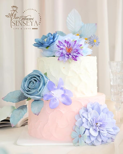 Senseya Artificial Flowers Combo, Blue Purple Silk Roses, Peonies, Dahlias with Stems for DIY Wedding Bouquets, Baby Shower, Table Centerpieces, Home Decor, Fake Floral Arrangements, Party Decorations