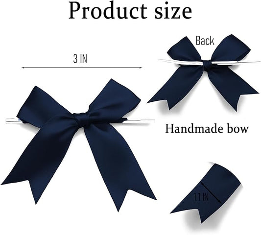 50 Counts Navy Blue Twist Tie Bows 3.1" Pre-Tied Satin Ribbon Bow Decor Mini Twist Tie Bows for Gift Wrapping Treat Bags Cake Bridal Baby Shower Birthday Party Favors Wedding Decorations
