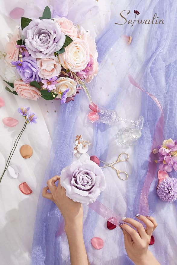 Serwalin Artificial Flowers Fake Silk Flowers Combo Realistic Mixed Roses Box for DIY Wedding Bridal Bouquets Centerpieces Arrangements Faux Flowers with Stems Home Party Decoration, Pink&Lilac