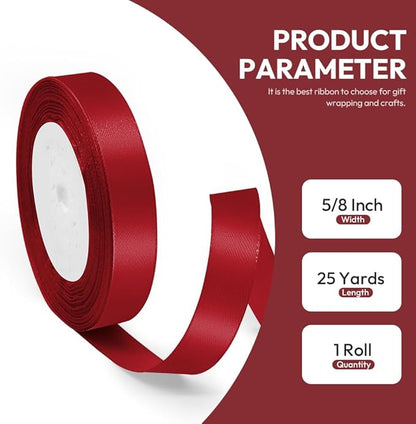 5/8" x 25 Yards Satin Ribbon, Dark Red Silk Ribbon Ideal for Gift Wrapping, Floral Bouquets, Crafts, Wedding Party Decorations, Christmas and Sewing Projects