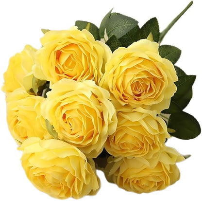 Jasion Artificial Roses Flowers 10 Heads Arrangement Silk Bouquet Glorious Meanings for Home Office Parties and Wedding Decoration (Yellow)