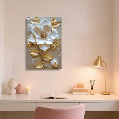 ZSHARTSWD Abstract White & Gold Floral Canvas Wall Art Elegant Flowers Pictures Prints White Flower Golden Leaves Painting Living Room Bathroom Decor Framed (Beige, 18L x 12W)