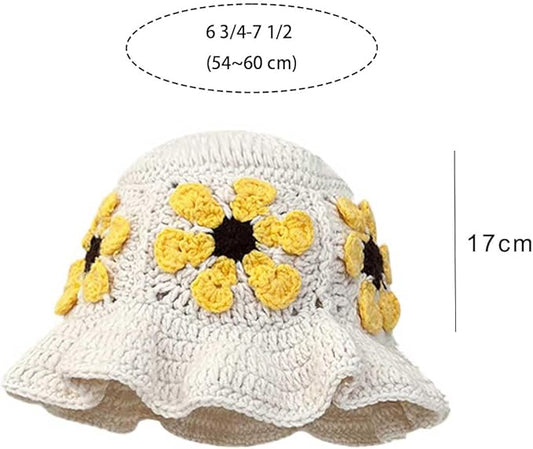 Crochet Bucket Hat for Women Flower Knit Hat Hollow Out Foldable Cap Hats