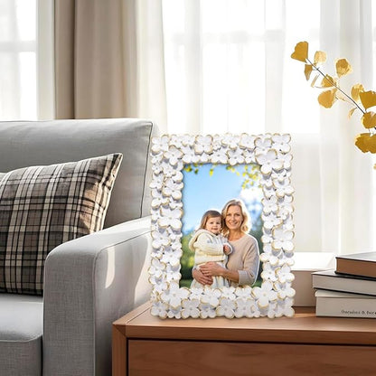 Hodao 4×6 White Floral Picture Frame — Handcrafted Textured Flower Picture Frame with Plastic Photo Cover & Built-In Easel for Tabletop Display, Decorative Home Décor, Nursery & Photo Keepsake
