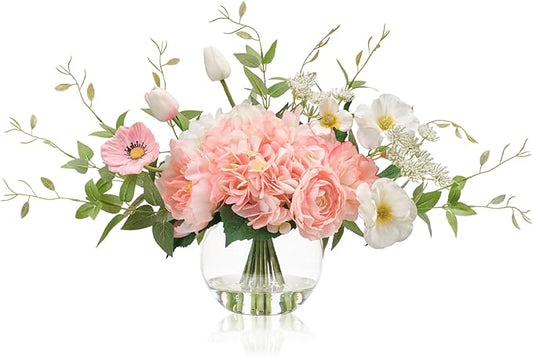 Artificial Flowers in Vase, WELL KNOWN Fake Silk Peony Tulip Hydrangea Pink & White Flower Bouquet Arrangement with Faux Water Centerpieces, Fake Flowers for Home Wedding Dining Table Party Decor Gift