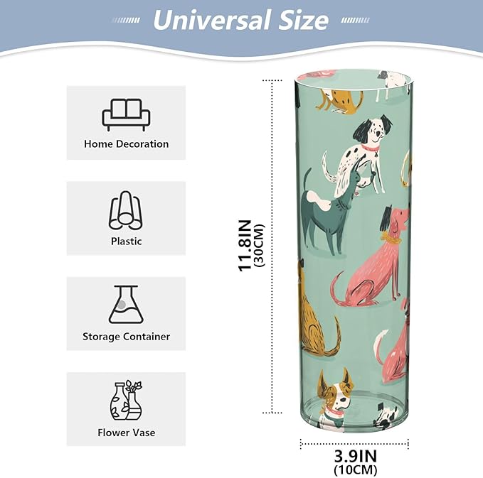 Flower Vase Clear Plastic Cylinder Vases Decor for Centerpieces Home Storage Office Weddings Mint Green Cute Dogs 11.8 x 3.9 in
