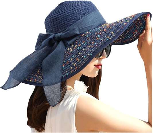 DRESHOW Beach Hats for Women Big Straw Wide Brim Summer Hat Floppy Foldable Roll up Cap Sun Hat UPF 50+