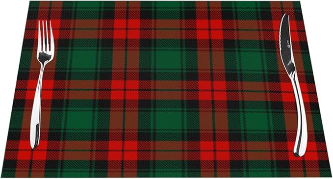 PVC Placemats Set of 4 Wipeable Table Mats Washable Heat Resistant Non Slip Vinyl Dining Table Mat for Kitchen Indoor Outdoor Patio Farmhouse Place Mats Christmas Green Red Grid Decorative