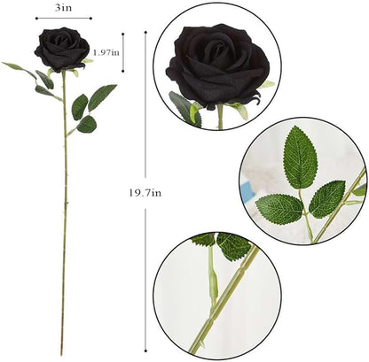 Jasion 12PCS Artificial Roses Realistic Velvet Silk Flowers Long Stem Faux Flowers Bouquet for Wedding Home Party Table Centerpieces Decorations (Black)