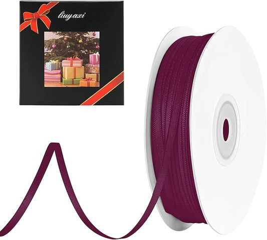 LIUYAXI Burgundy Double Faced Satin Ribbon, 1/8" X Continuous 100 Yards, Thin Ribbons Perfect for Gift Wrapping Wedding Invitation Card Hair Bows Tag Floral Arrangement DIY Craft