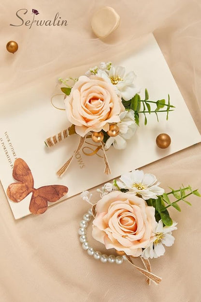 Serwalin Champagne Corsage and Boutonniere Set, Prom Flower Wrist Corsage Bracelets, Homecoming Roses Corsage Wristlet and Men Boutonniere for Wedding Flowers Accessories Prom Suit Decorations