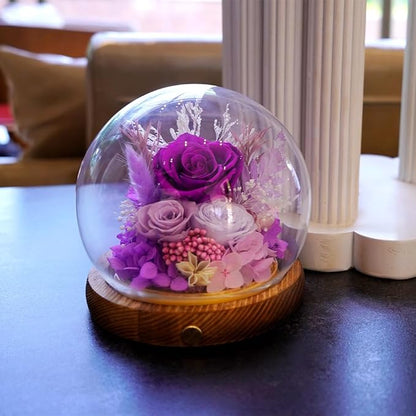 Preserved Real Rose Flowers in Glass Dome with LED Lights,Real Rose Flowers Unique Floral Gift for Girlfriend Mom Wife Girlfriend on Christmas Birthday Anniversary (Aurora Purple)