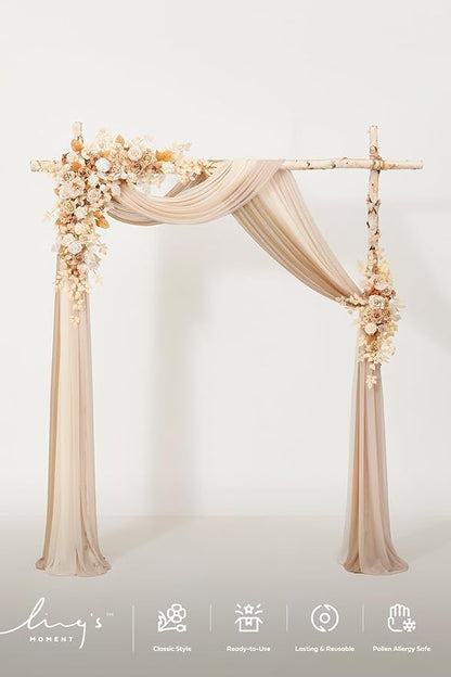 Ling's moment Wedding Arch Flowers with Drapes Kit-Pack of 5, 2pcs Flower Arrangements 3pcs Sheer Hanging Drapes White Ceremony Arbor Backdrop Artificial Rose Floral Decorations, Sand Beige
