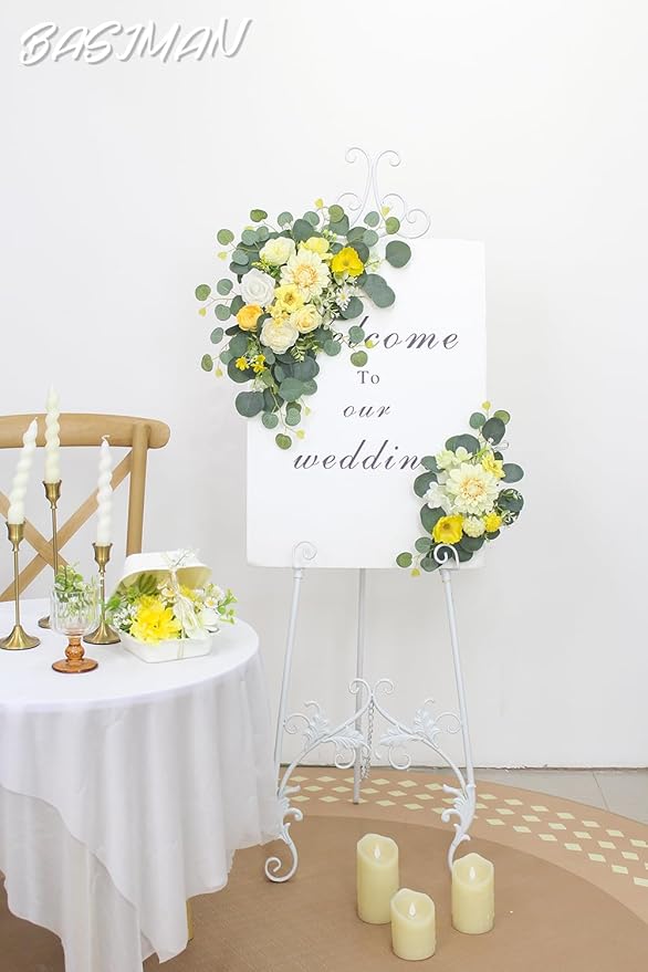 2pcs Wedding Arch Flowers,Wedding Welcome Sign,centerpieces for Tables,Reception Backdrop Table Decorations Welcome Sign (Yellow)